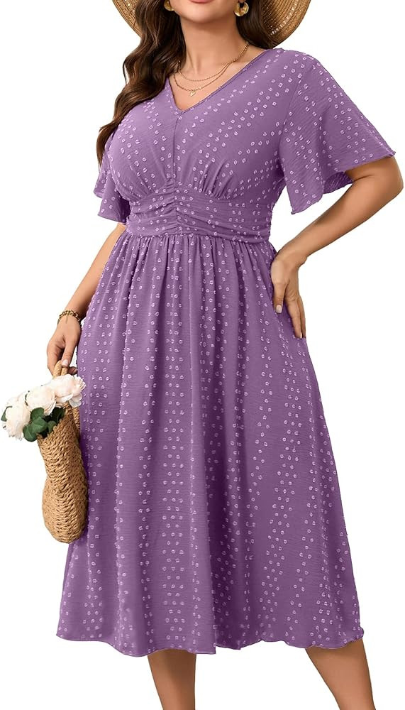 RWJ Women's Plus Size Maxi Dress V Neck Short Sleeve Swiss Dot A Line High Waist Boho Swing Casua... | Amazon (US)