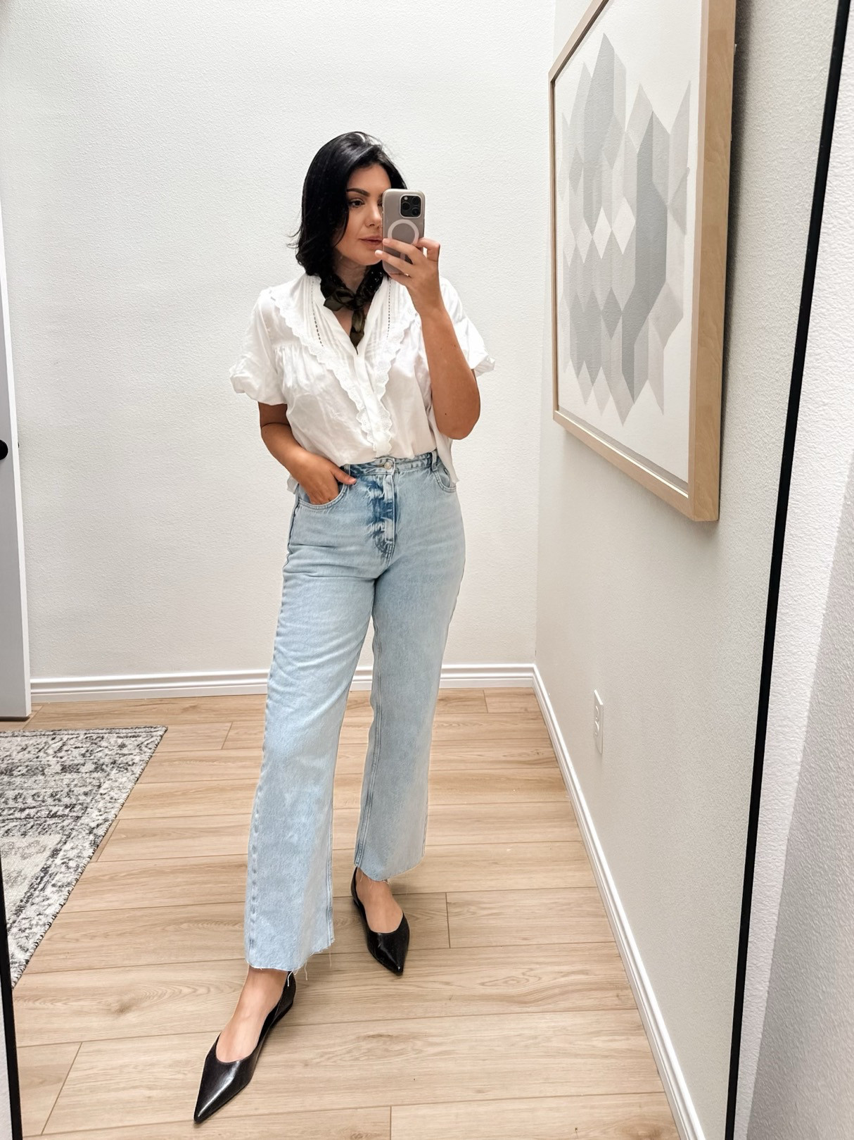 I am in the large of the eyelet and 30 of the jeans! The top runs loose, no need to size up! I've also linked my scarf too :)  

 #LTKFindsUnder100