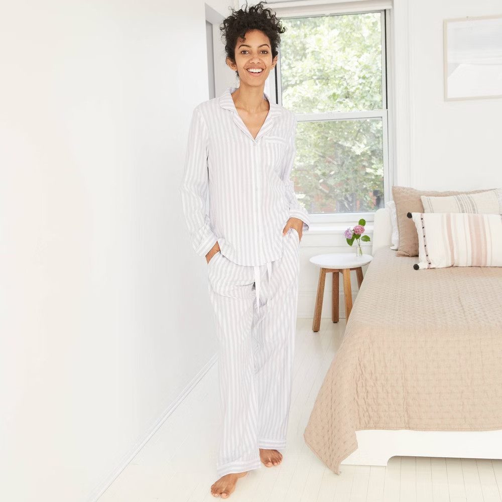 Women's Striped Perfectly Cozy Flannel Long Sleeve Notch Collar Top and Pants Pajama Set - Stars Abo | Target
