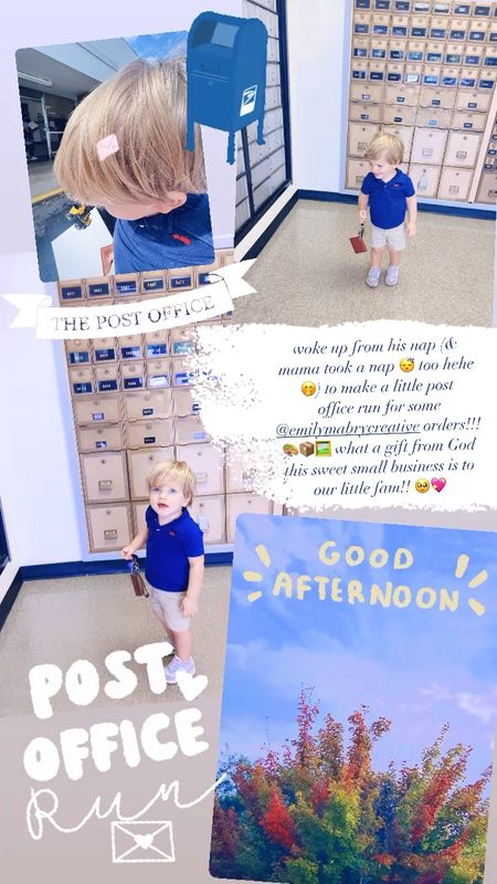 woke up from his nap (& mama took a nap 😴 too hehe 🤭) to make a little post
 office run for some @emilymabrycreative orders!!! 🎨📦🖼️ what a gift from God this sweet small business is to our little fam!! 🥹💖