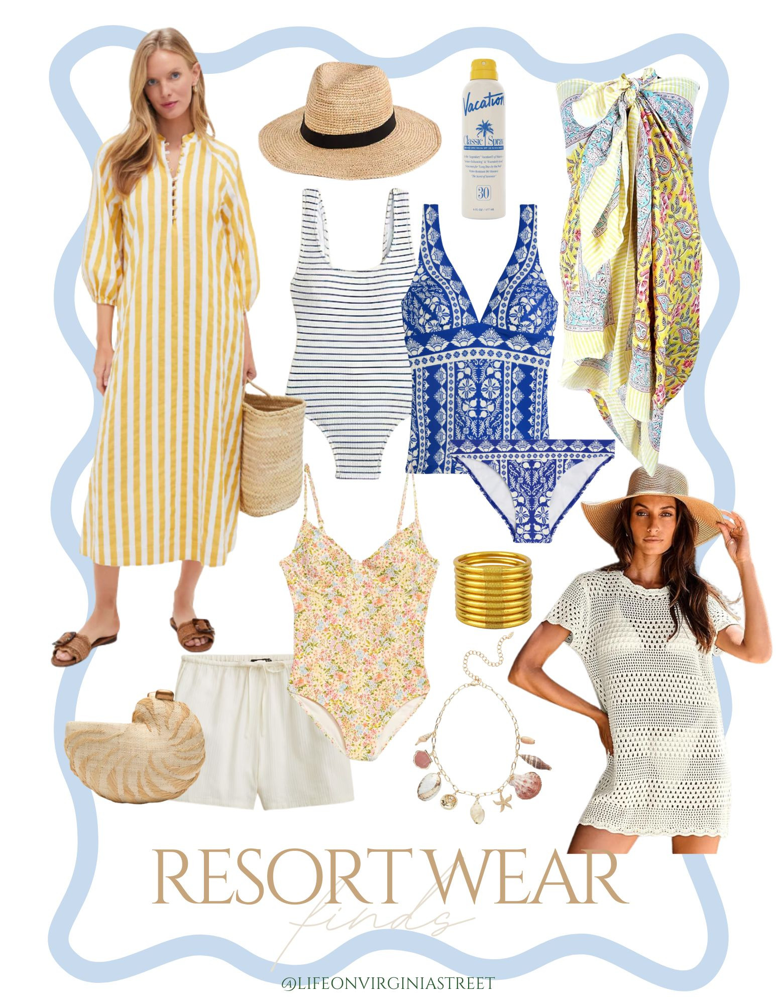 The cutest resort wear finds for your next tropical getaway in shades of yellow and blue! Includes my favorite striped caftan, scrunchie swimsuit, tankini set, floral swimsuit, gauze shorts, block print pareo, crocheted coverup, seashell necklace, beach hat, waterproof bangles, seashell clutch and more! #ltktravel #ltkswim #ltkfindsunder50 #ltkfindsunder100 #ltkstyletip #ltkseasonal #ltksalealert #ltkover40 #ltkmidsize 

 #LTKSaleAlert #LTKFindsUnder50 #LTKSwim
