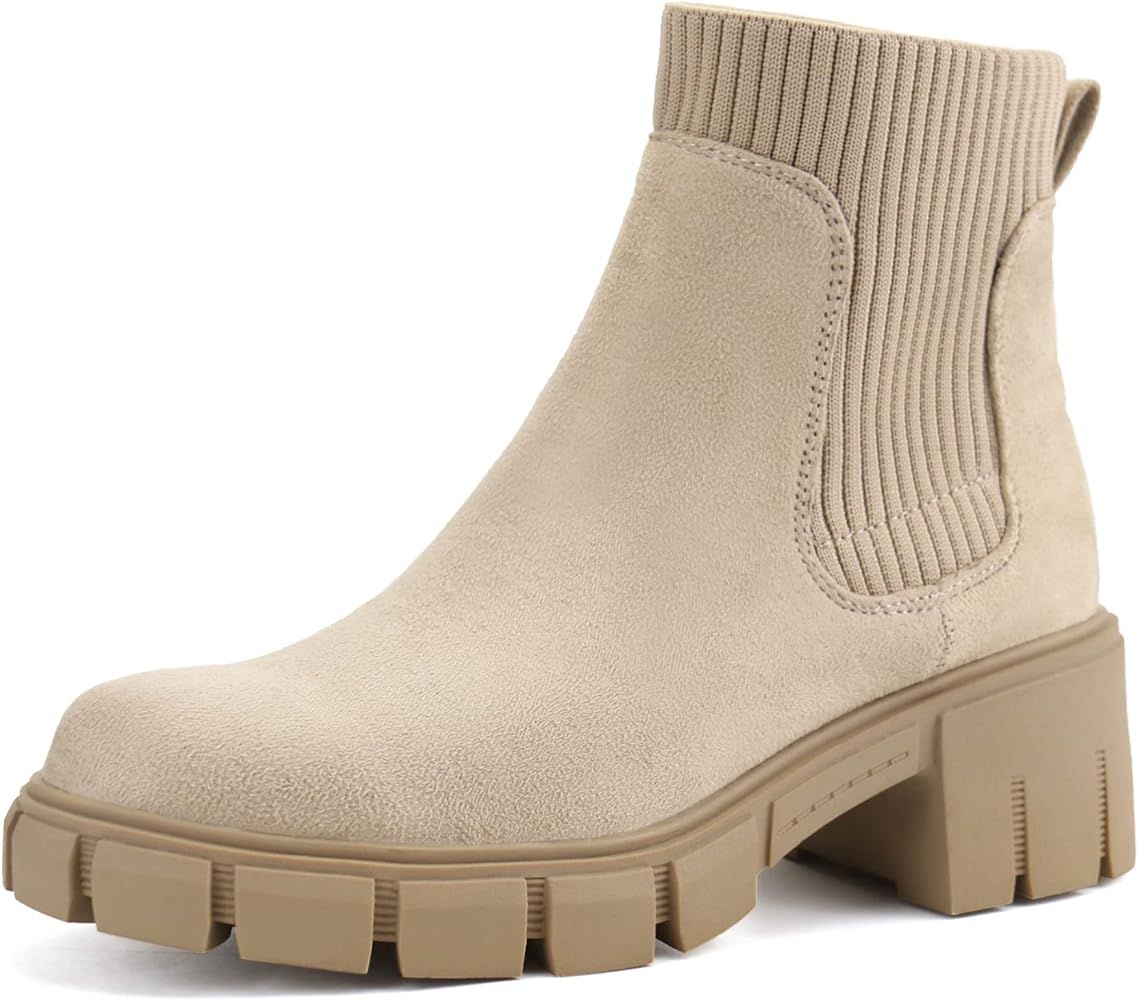 Womens Chunky Ankle Boots Slip on Chelsea Boots Elastic Booties | Amazon (US)