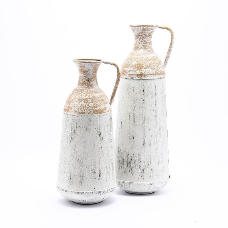 LuxenHome Set of 2 Distressed Off White and Rustic Brown Metal Pitcher Vase. | Target