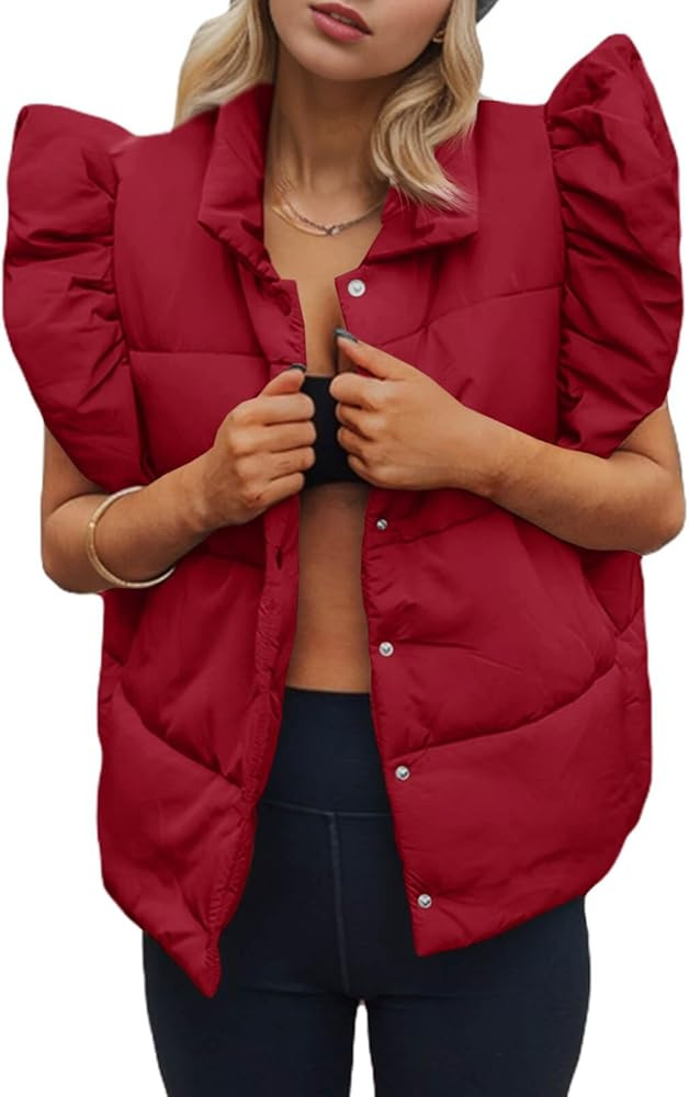 Tankaneo Womens Puffer Vest Ruffle Sleeveless Button Down Winter Warm Padded Gilet Coats | Amazon (US)