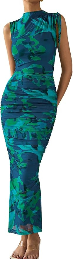 PRETTYGARDEN Women's Summer Maxi Floral Dresses Ruched Bodycon Sleeveless Mesh Formal Wedding Gue... | Amazon (US)