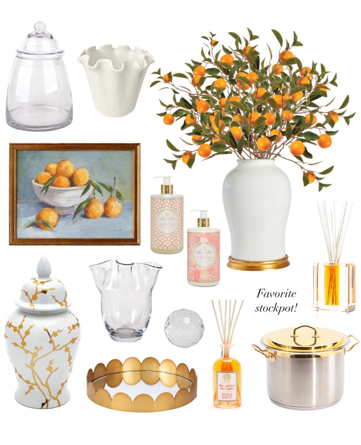 Spring decor refresh, orange branches, citrus decor, target finds threshold studio McGee decor scalloped tray white and gold ginger jar crystal diffuser soap set ruffle vase ruffle planter kitchen decor glass canisters gold cookware orange stems 

#LTKunder50 #LTKsalealert #LTKhome