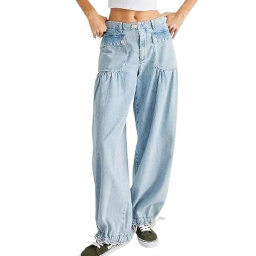 MIFJNF Women Lotus Tube Jeans Baggy Wide Leg Barrel Jeans Low Rise Tapered Jeans Ruffle Freelady Lotus Jeans with Drawstring (Blue,XXL,XX-Large) | Amazon (US)