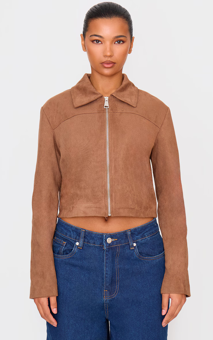 Brown Shoulder Pad Detail Faux Suede Jacket | PrettyLittleThing UK