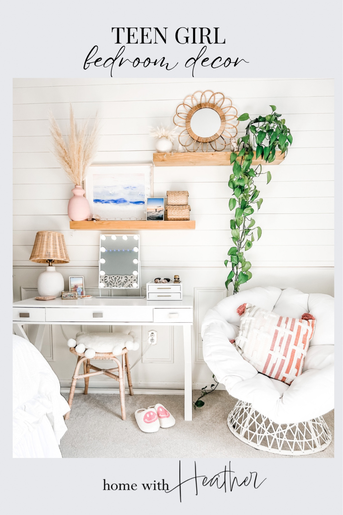 The natural light wood floating shelves we used in our teen daughter’s bedroom makeover are back in stock at Target! 
We used two 36” shelves that are sold individually for this styled look above her desk.

Also LOVE this Amazon vanity mirror with lights and Bluetooth wireless charging makeup mirror. 

It’s the perfect solution for makeup application at your desk and makes for cute desk decor for teen girls too!

Teen girl bedroom, coastal bedroom, desk decor, white ceramic lamp with woven shade, rattan stool, white round pillow, floating shelves, light wood shelf, shelf decor, natural wood gallery frame, white desk, white x-leg desk, writing desk, girl desk decor, teen bedroom, bedroom decor, smiley face slippers, Easter basket ideas, papasan chair. Glass jewelry storage box, bedroom decoration.

#bedroom #teengirl #deskdecor
Amazon, Target, Studio McGee

#LTKstyletip #LTKFind #LTKhome
