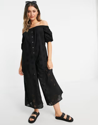 ASOS DESIGN off shoulder puff sleeve button front jumpsuit in black broderie | ASOS | ASOS (Global)