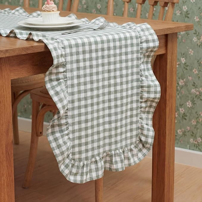 Tegeme Olive Green Gingham Table Runner 12''x71'' Cotton Ruffle Checkered Plaid Tables Runner Far... | Amazon (US)