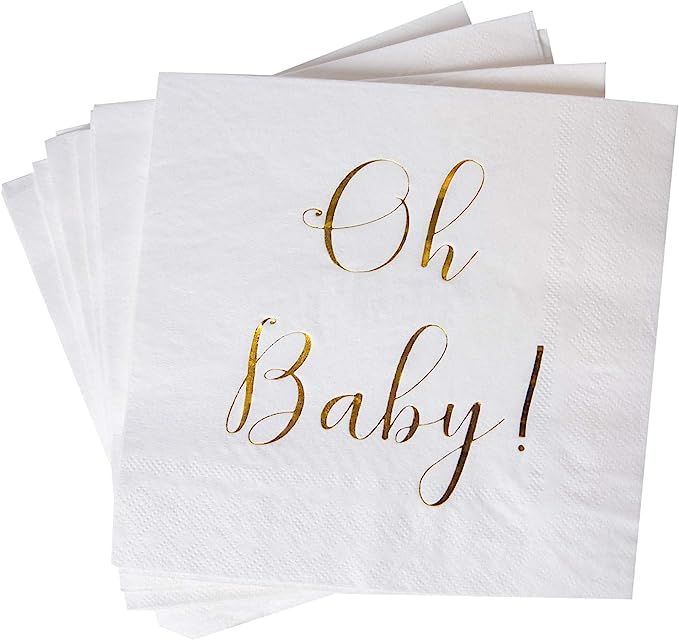 Baby Shower Napkins - 50 Pack White Disposable Paper Luncheon Cocktail Napkins with Gold Foil "Oh... | Amazon (US)