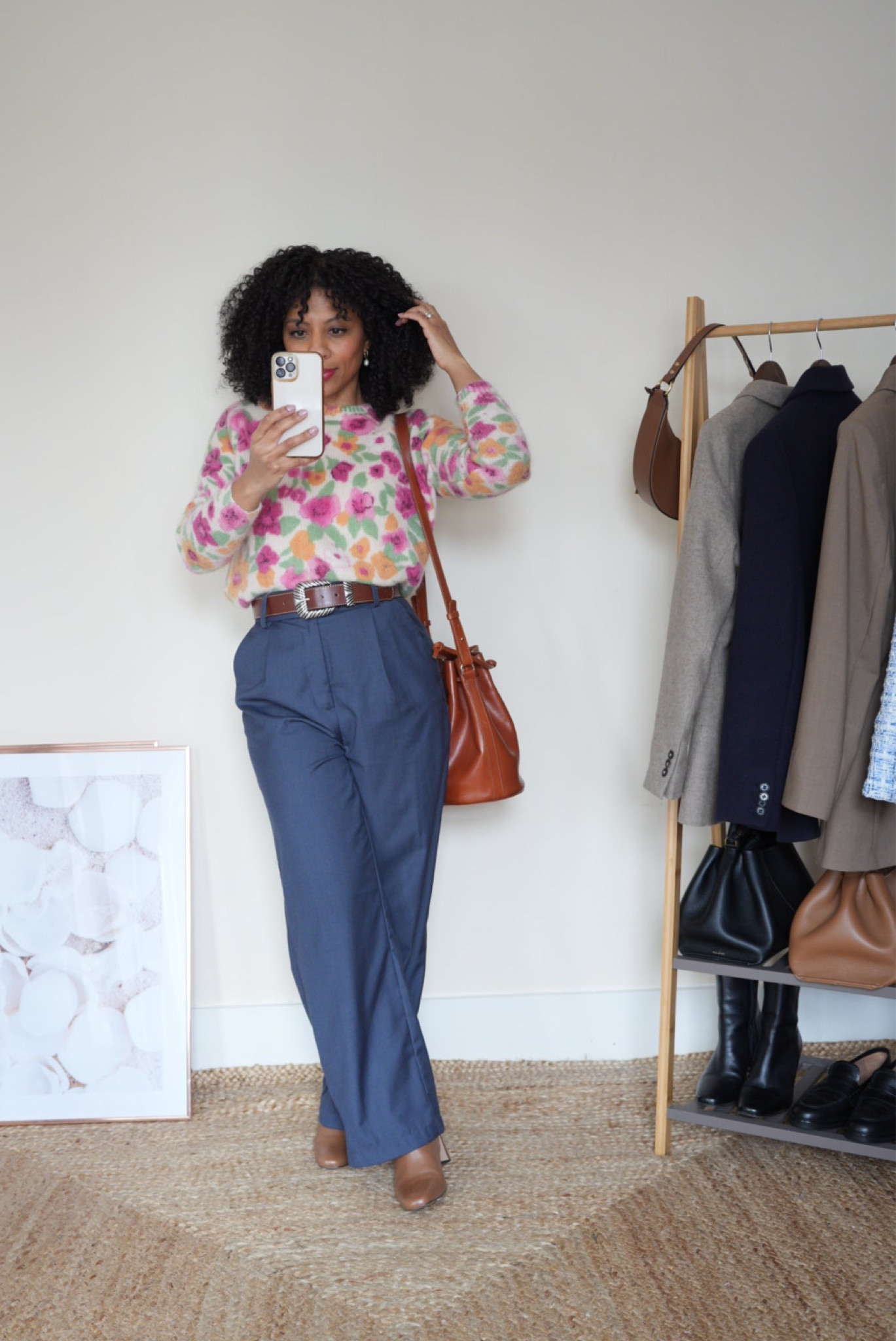 Petite transitional outfit consisting of high-waisted trousers wide trousers, floral Sezane jumper and a brown trench coat. 

Petite fashion, petite style 

#LTKeurope #LTKSeasonal #LTKstyletip