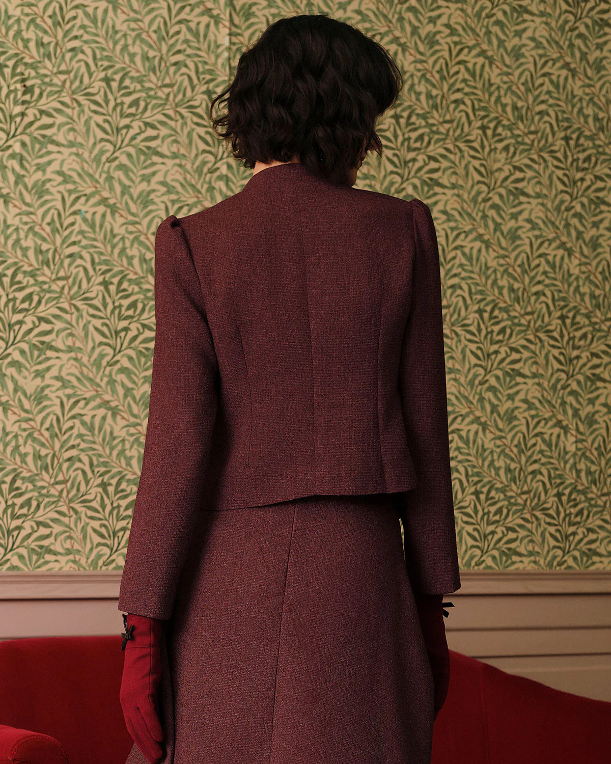 Burgundy Retro Single-breasted Tweed Jacket | rihoas.com