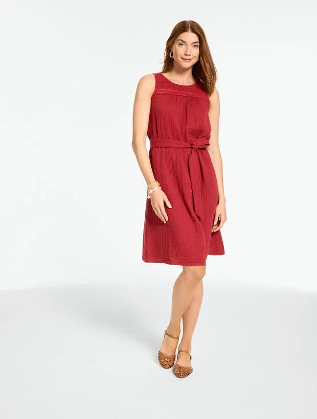 Lace Yoke Gauze Shift Dress | Talbots