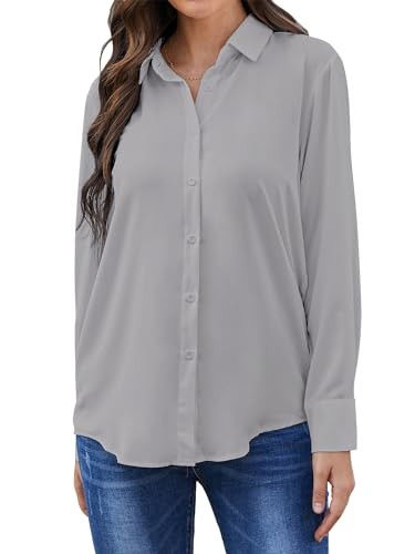 RCL Womens Button Down Shirts for Women Long Sleeve Chiffon Dress Shirts Casual Collared V-Neck Work Tops Office Blouses Grey | Amazon (US)