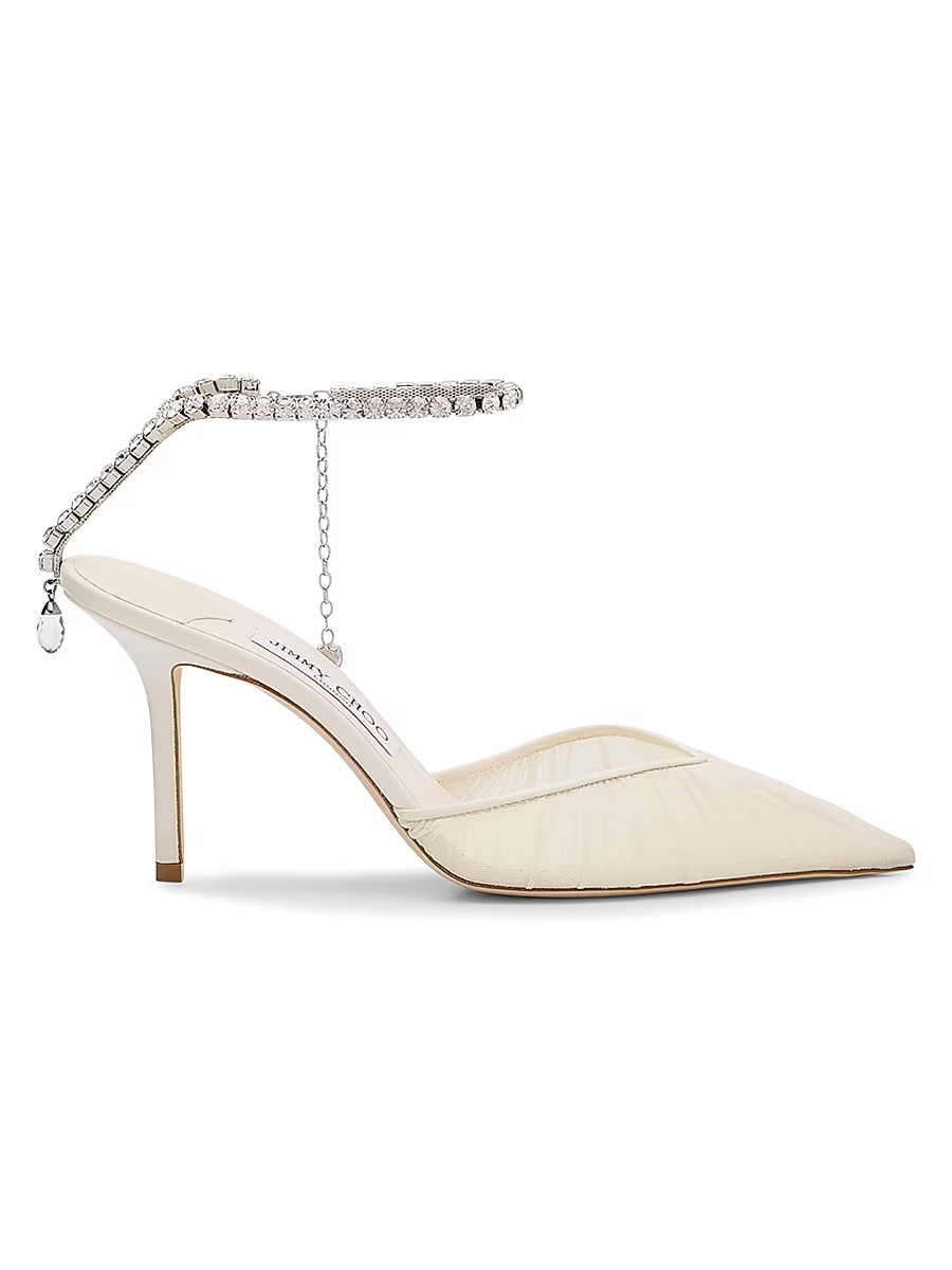 Women's Saeda 100MM Ruched Crystal-Embellished Mesh Leather Pumps - White - Size 11.5 | Saks Fifth Avenue