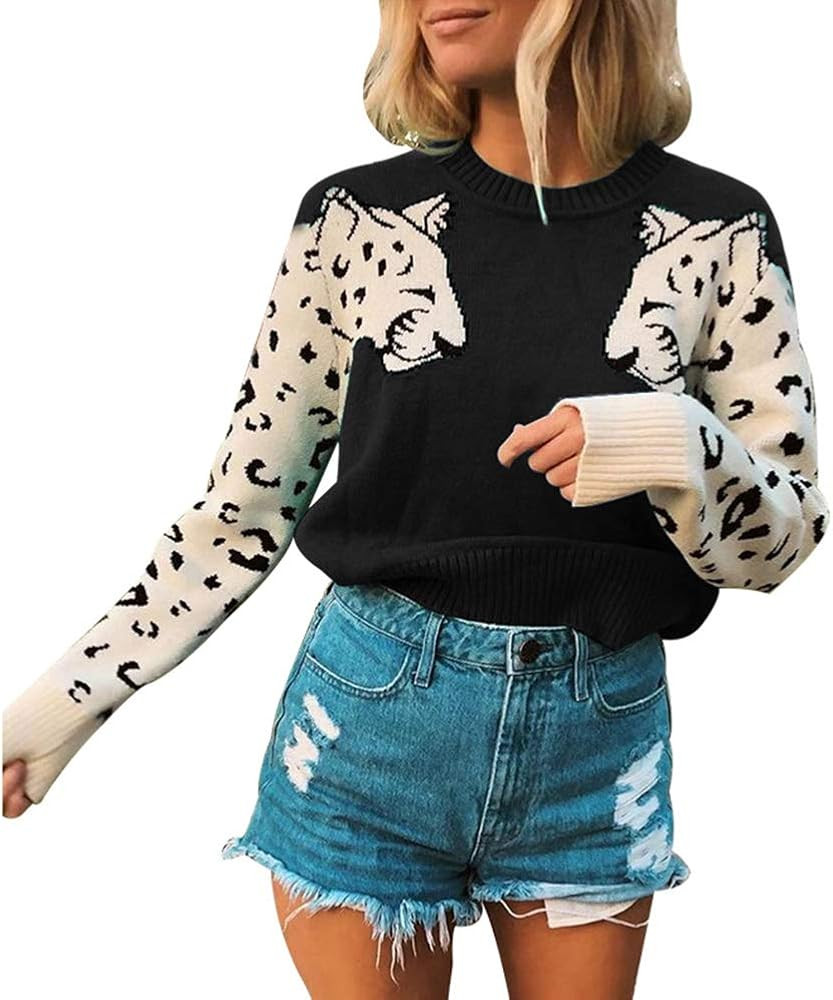 Remelon Womens Casual Knitted Tiger Leopard Print Long Sleeve Sweater Jumper Crop Top Pullover | Amazon (US)