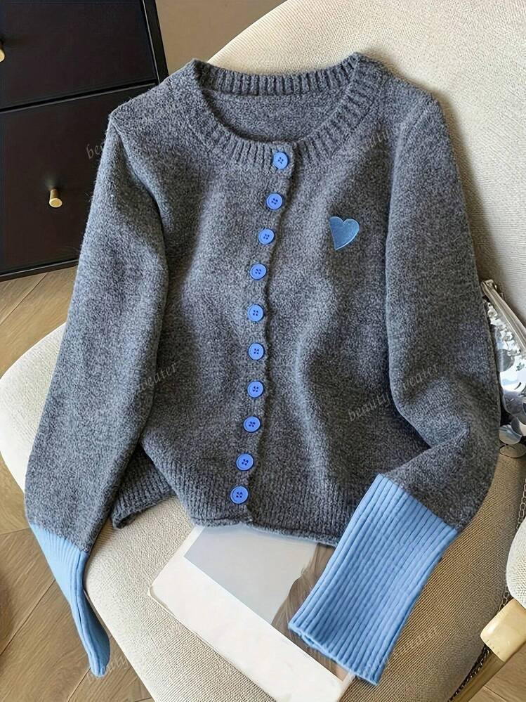 Casual Colorblock Embroidery Knitted Cardigan | SHEIN