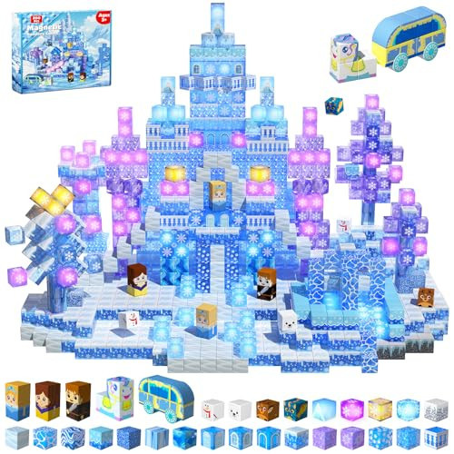 200 Pcs Magnetic Blocks with Light Blocks, Transparent Magnet Block for Blue Snow Castle Build, Magnet Cubes Princess Toys for Girls 3 4 5 6 7 8-12 Christmas Birthdays Gifts for Kids | Amazon (US)