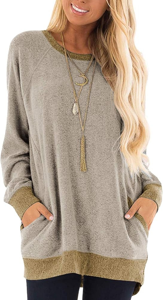 NSQTBA Womens Casual Sweatshirts Long Sleeve Oversized Sweaters with Pocket Shirts Tunic Tops S-2... | Amazon (US)