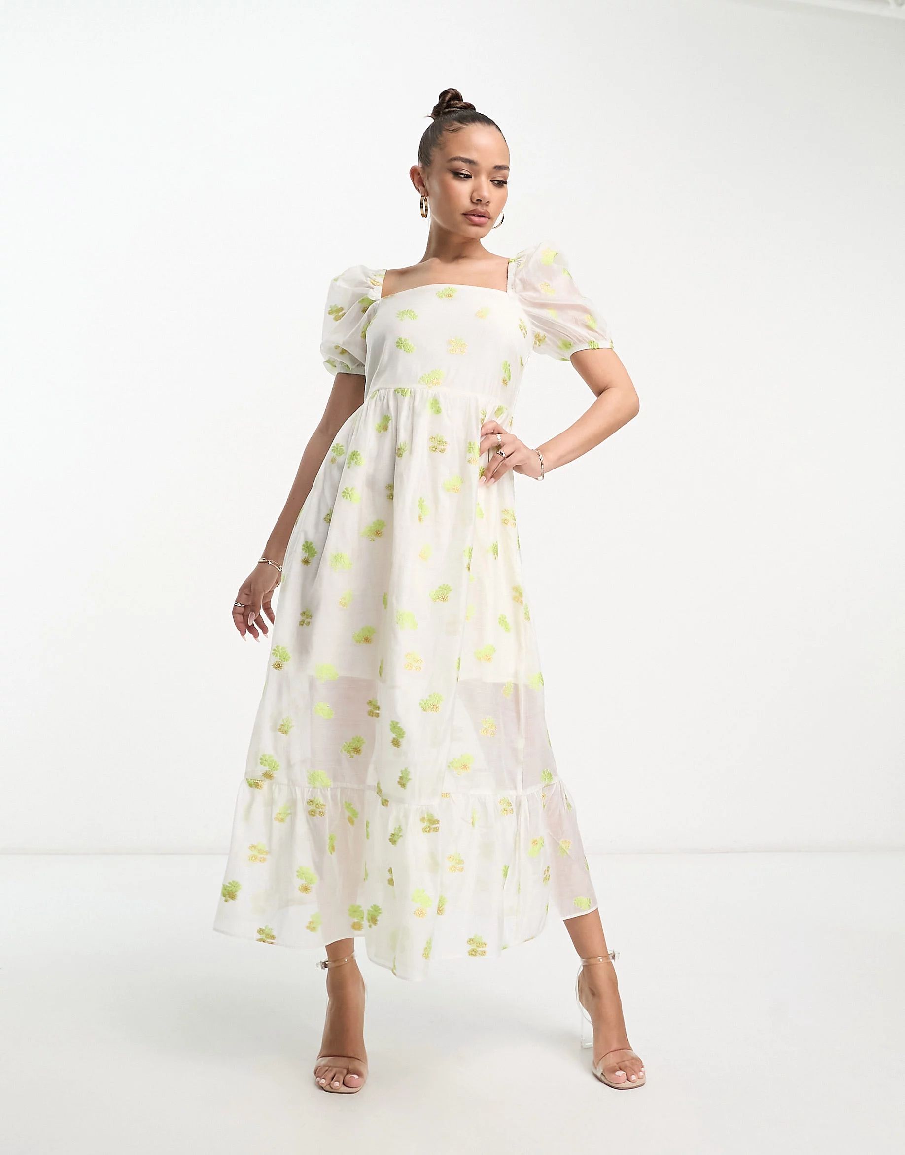 Collective the Label puff sleeve organza tea dress in ivory floral | ASOS (Global)