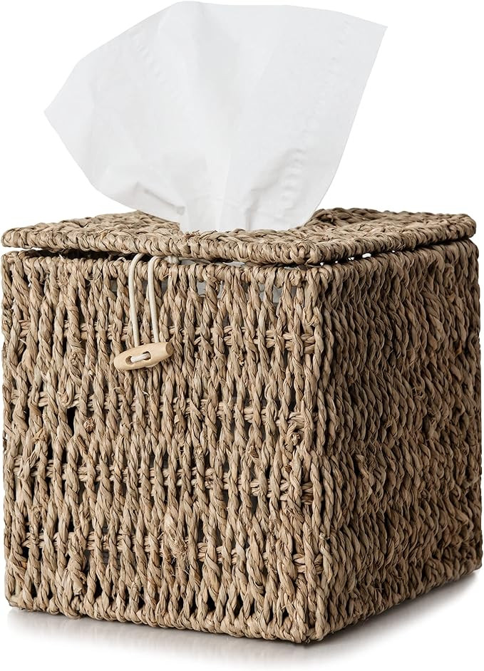 StorageWorks Wicker Tissue Box Cover, Seagrass Tissue Box Holder with Lid, Handwoven Square Tissu... | Amazon (US)