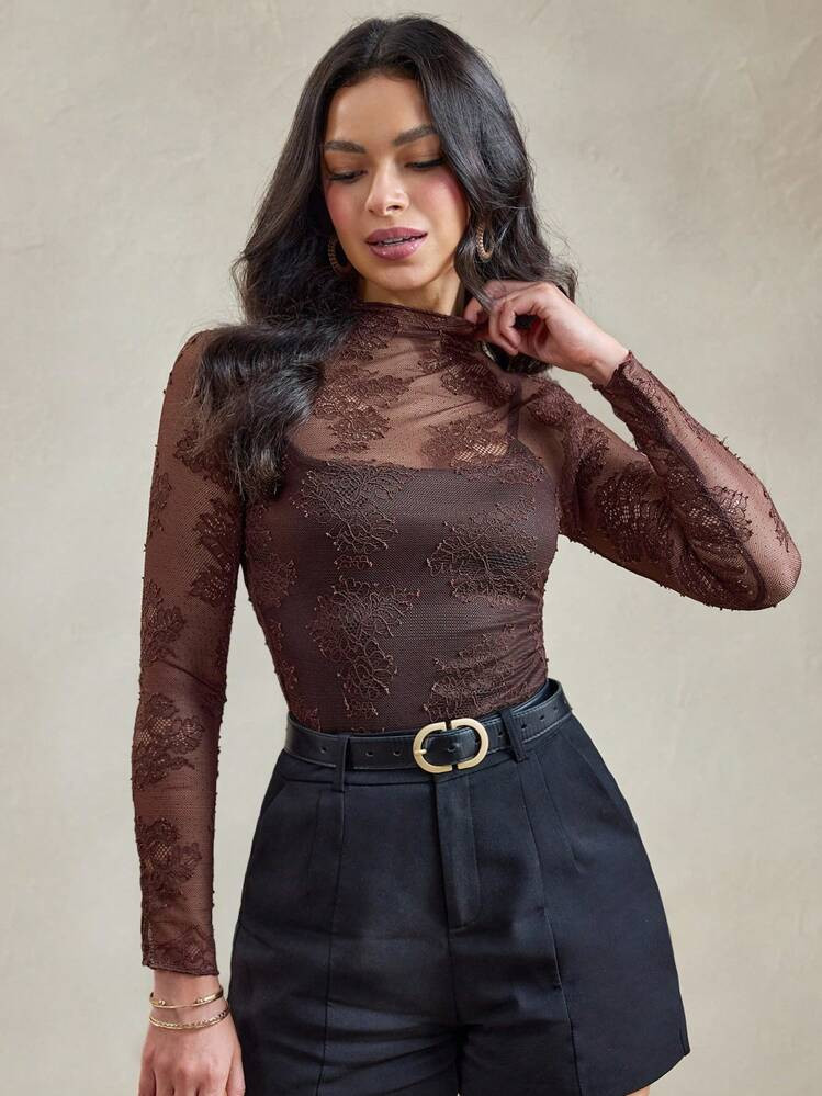 Wildy BOHO Old Money Teacher Modest Coffee Brown Lace Top Going Out Tops Women Women's Brown Mesh Lace Sheer Country Music Festival Crop Top, Summer Women Western Wear Business Casual Woman Lace Top Chocolate Brown Lace Top Brown Lace Long Sleeve Top Burgundy Top | SHEIN