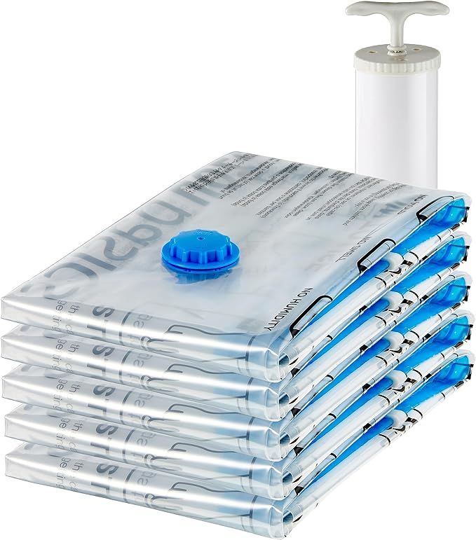 Amazon Basics Vacuum Compression Zipper Storage Bags With Hand Pump, Medium, 5-Pack, White, Sky B... | Amazon (US)