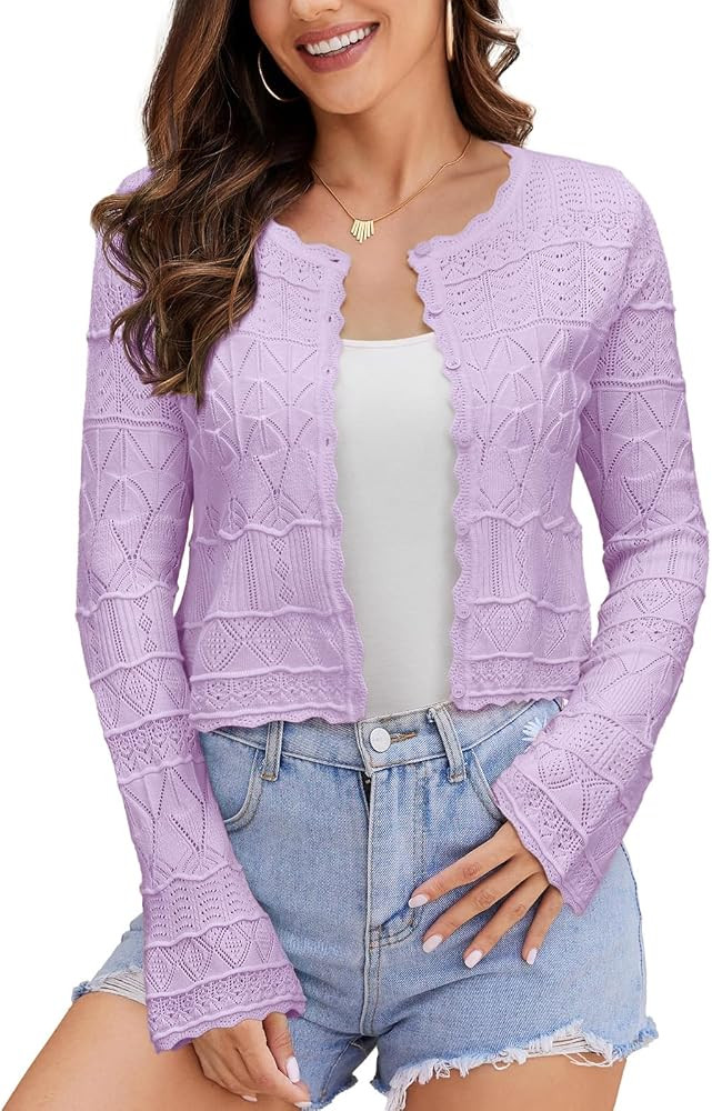 FAIRY SEASON Women's Cropped Cardigan Sweater Bell Long Sleeve Lightweight Crochet Button Down Kn... | Amazon (US)