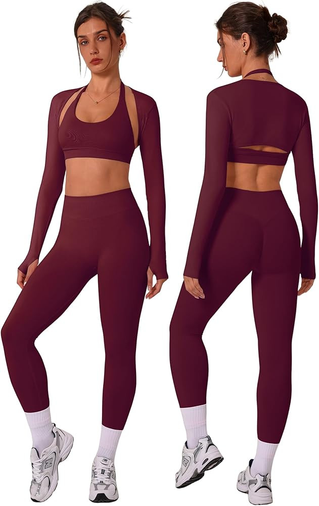 3 Piece Workout Sets for Women Seamless Halter Sports Bra High Waist Leggings Long Sleeve Shrug G... | Amazon (US)