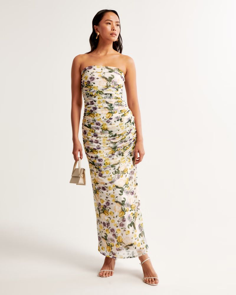 Women's Mesh Strapless Ruched Gown | Women's New Arrivals | Abercrombie.com | Abercrombie & Fitch (US)