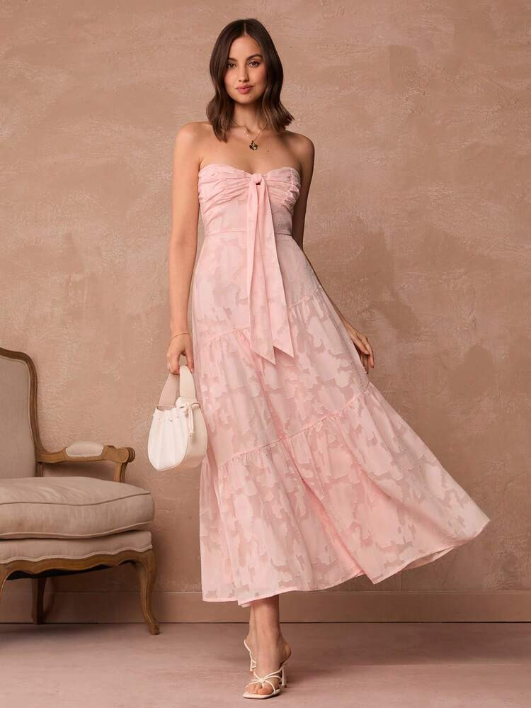 Enchnt Spring/Summer Romantic Women's Pink Twist Pleated Bandeau Elegant Sleeveless Dress, Casual Everyday Wear,Chic&Elegant For Date&Valentine's Day&Vacation, Pink Dresses, Spring Outfit Women, Summer Dress,Beach Dresses | SHEIN