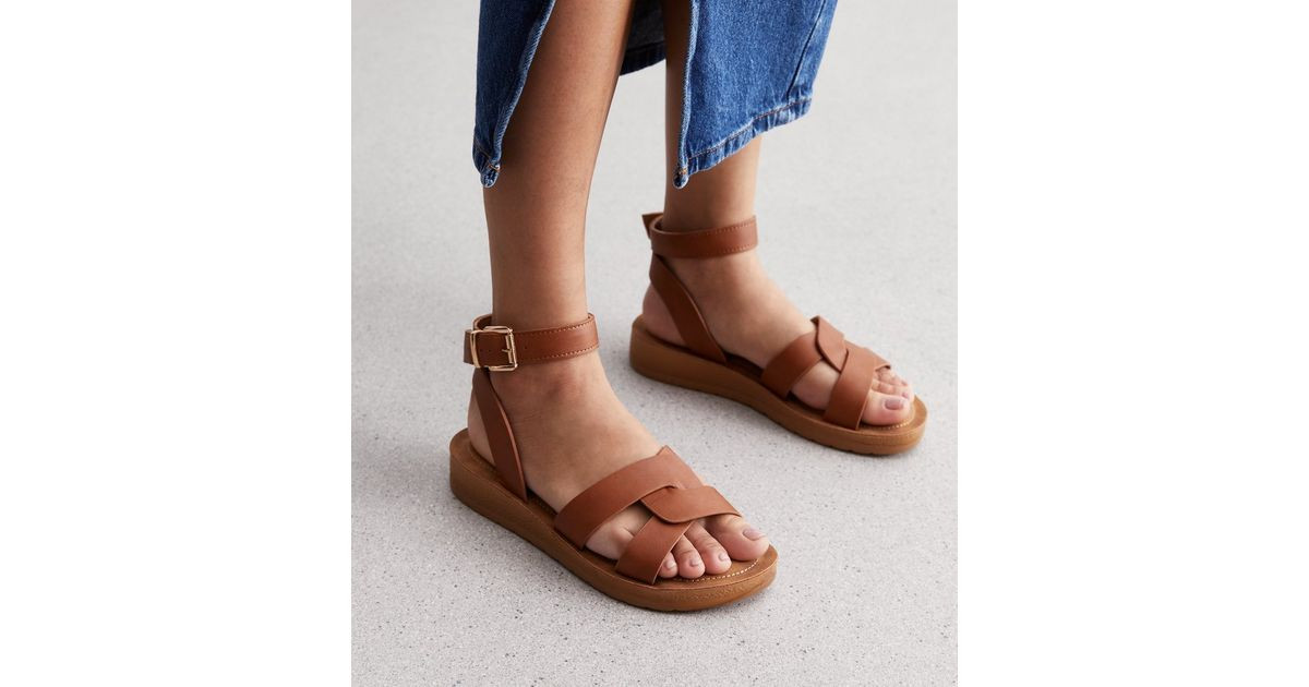 Wide Fit Tan Leather-Look 2 Part Footbed Sandals | New Look | New Look (UK)