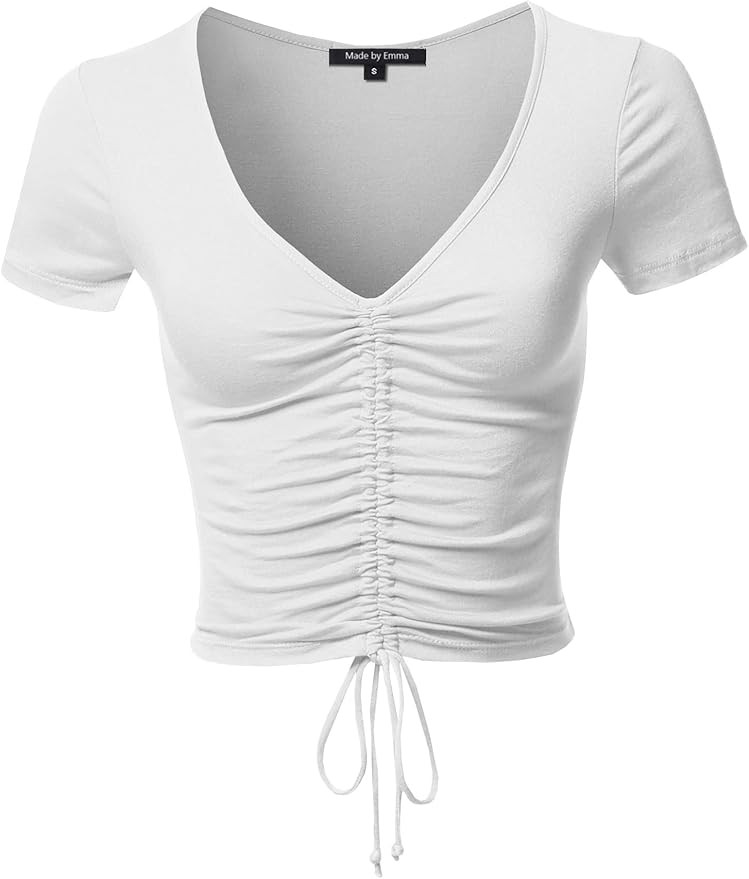 Women's Causal Cute Sexy Solid Ruched Tie Front Drawstring Short Sleeve Crop Top | Amazon (US)