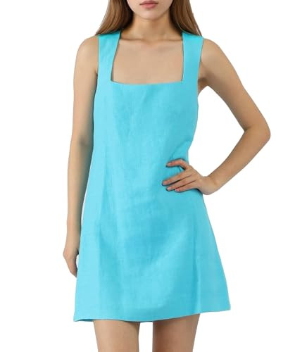 CLSEN Women's 100% Linen Square Neck Sleeveless Mini Dress Tailored Fit with Lining A-Line Summer... | Amazon (US)