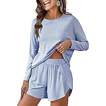 ANRABESS Womens Long Sleeve Pajama Sets 2025 Fall 2 Piece Outfits Lounge Matching Short Set Strip... | Amazon (US)