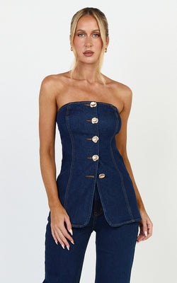 Phoebe Top - Strapless Button Down Stretch Denim Top in Dark Blue Wash | Showpo (US, UK & Europe)