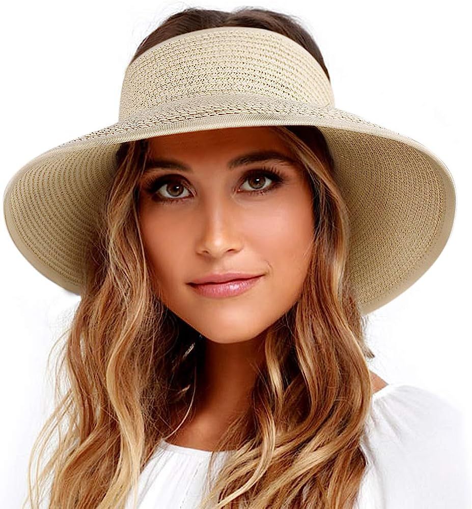 Sun Visor Hats for Women Wide Brim Straw Roll Up Ponytail Summer Beach Hat UV UPF 50 Packable Fol... | Amazon (US)