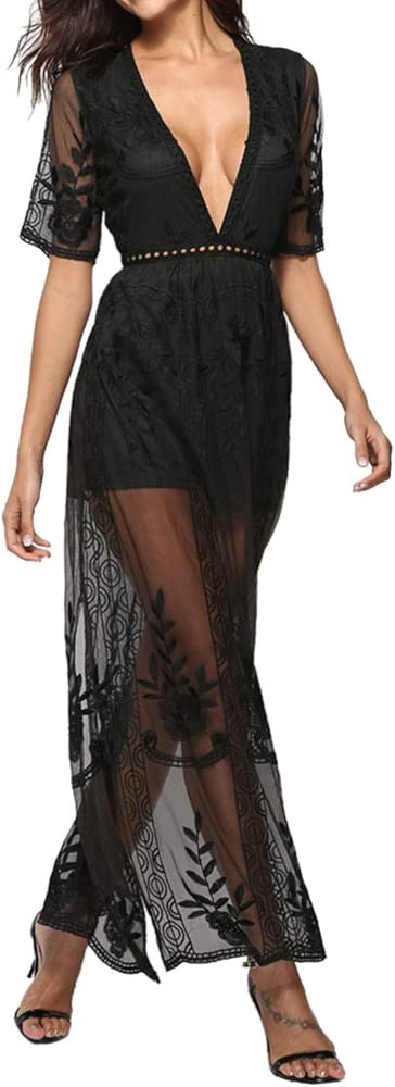 Womens Sexy V-Neck Short Sleeve Long Dress Lace Romper Maxi Beach Dress | Amazon (US)