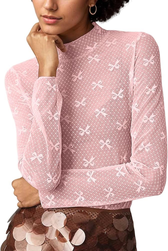 MISSACTIVER Sexy Lace Mesh Long Sleeve Sheer Top for Women See Though Mock Neck Bow Tee Shirt Blo... | Amazon (US)