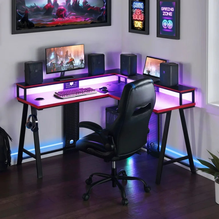 Gamer Gear Gaming L-Shaped Desk with LED, Risers and Power Station | Walmart (US)