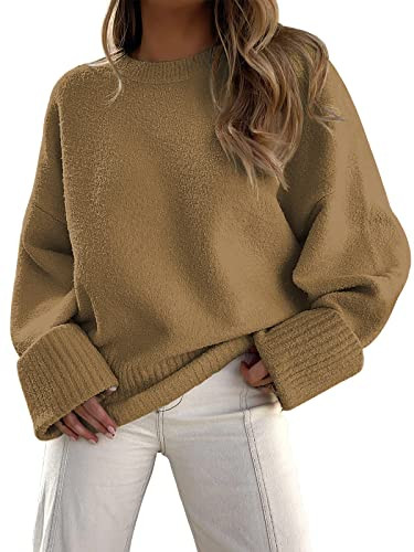 EFAN Oversized Sweaters Womens Fall Fashion Trendy Knit Chunky Cashmere Maternity Crewneck Fuzzy Warm Lightweight Khaki M | Amazon (US)