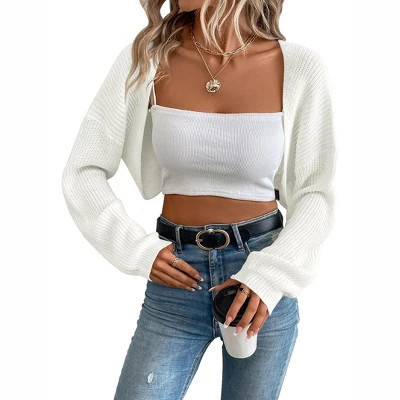 Womens Cropped Sweater Cardigan Sweater Knit Bolero Open Front Cropped Cardigan with Lantern Sleeve,Beige - Large | Target