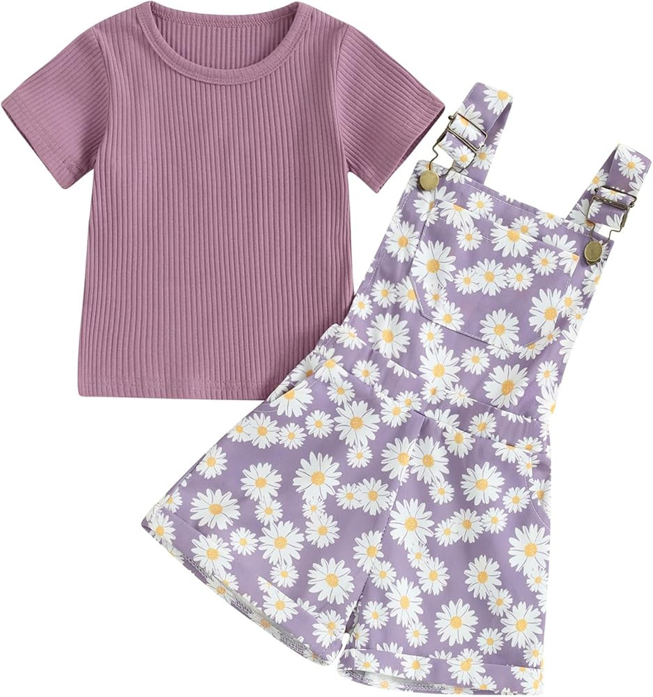 Newbgclo Toddler Baby Girl Clothes Ribbed Short Sleeve T-Shirt Daisy Floral Suspender Overalls Sh... | Amazon (US)