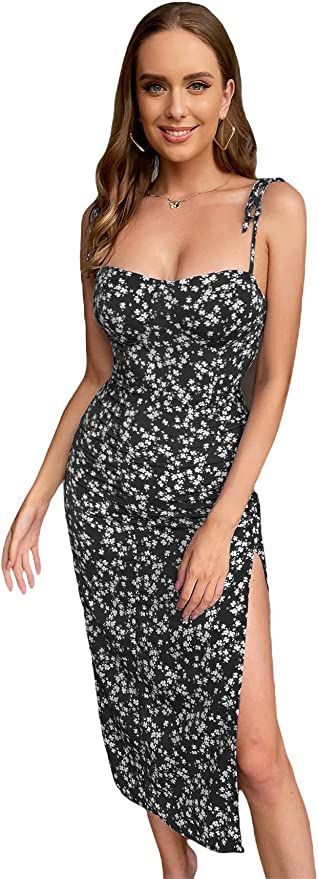 Floerns Women's Floral Tie Shoulder Sleeveless Split Thigh Cami Midi Dress | Amazon (US)