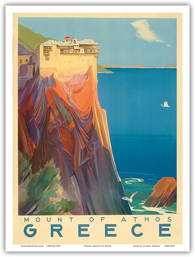 Greece - Mount of Athos - The Holy Mountain - Vintage Travel Poster by M. Pechlivanidis c.1949 - ... | Amazon (US)