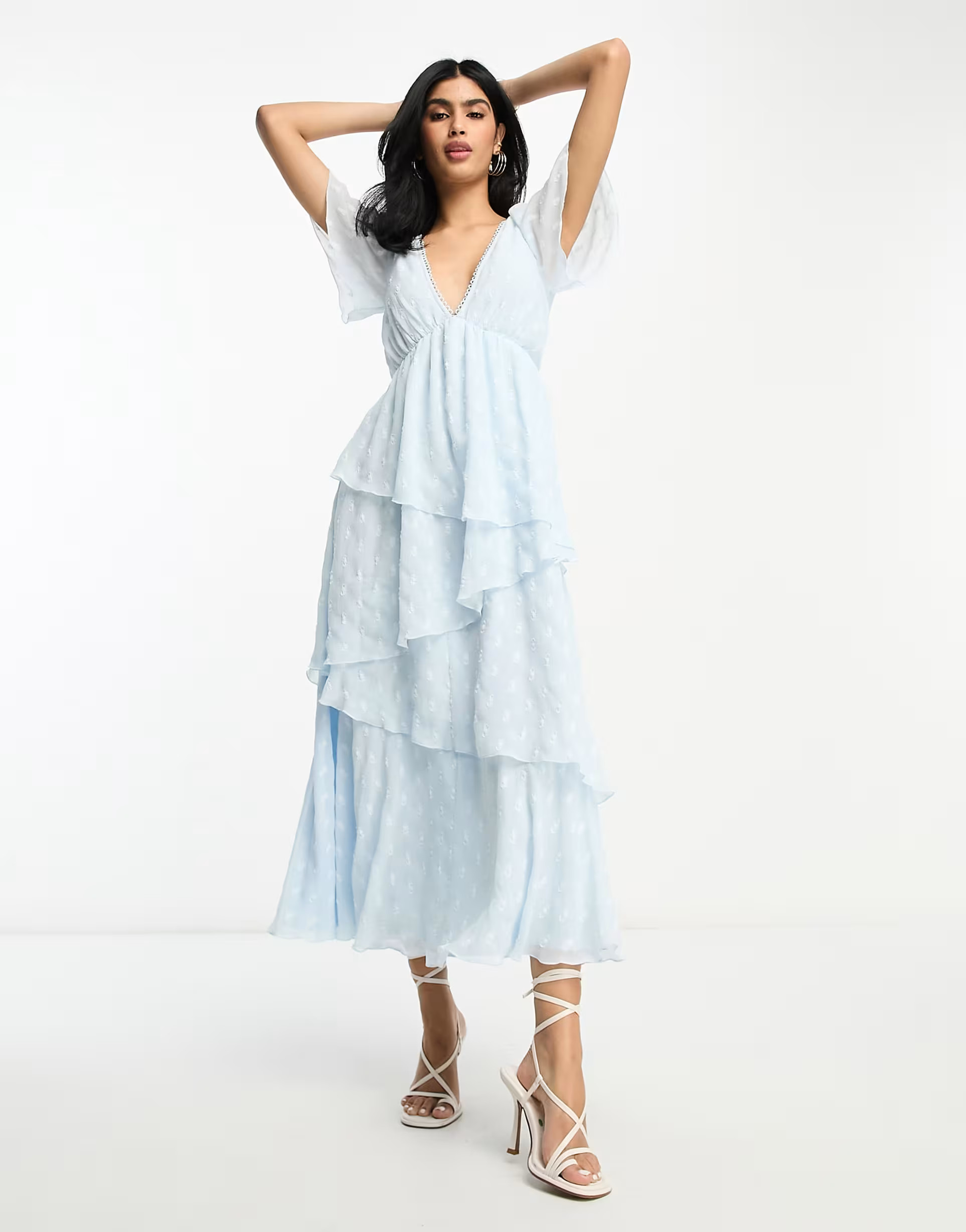ASOS DESIGN dobby asymetric ruffle midi dress with tie back neck in pale blue | ASOS (Global)