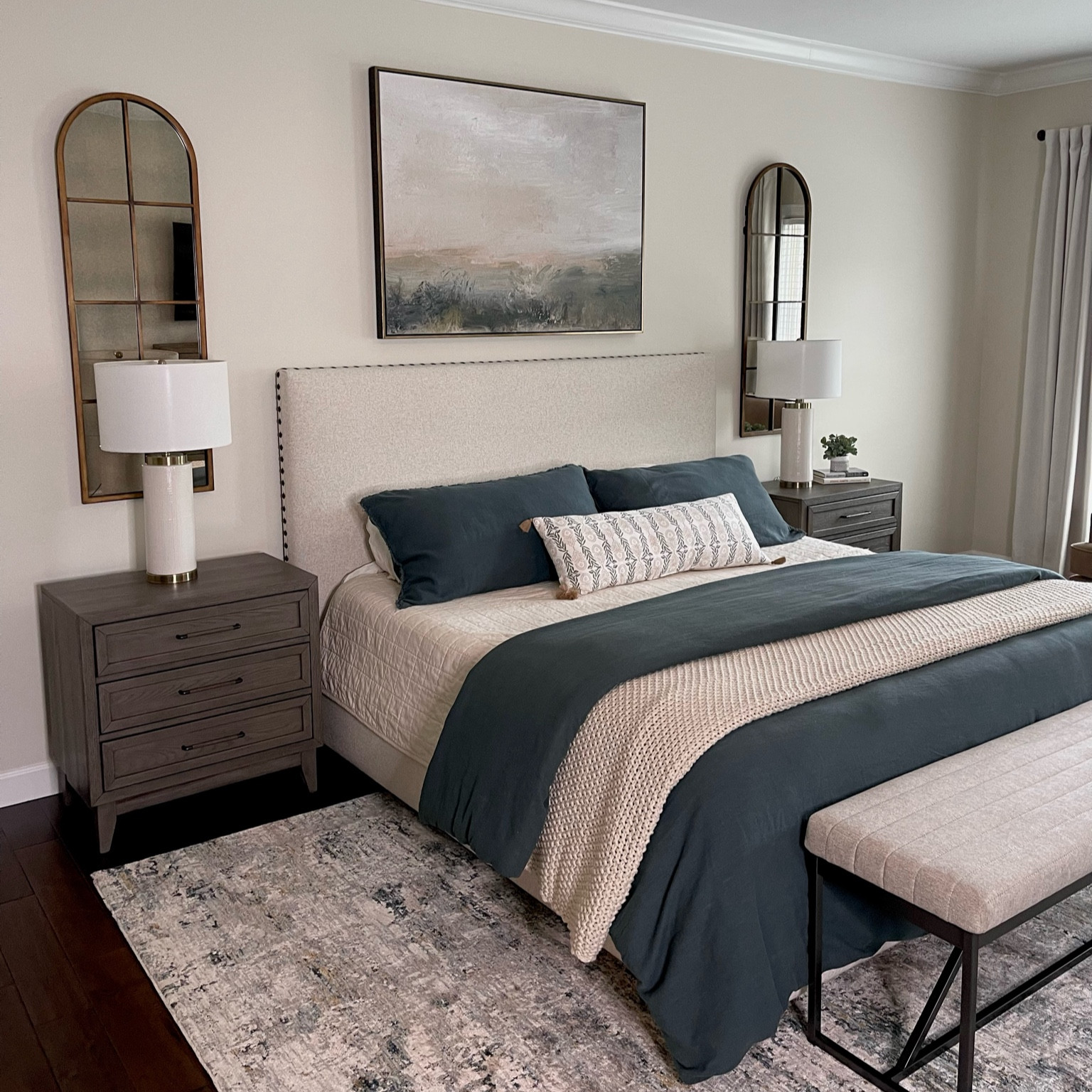 This teal bedding is a show stopper! The earthy teal/blue color looks great with beige, cream, gray and brown. It comes with comforter and two king size shams. The Casaluna knitted linen colored blanket and coverlet are perfect for layering underneath and on top. 🪴

#LTKhome
