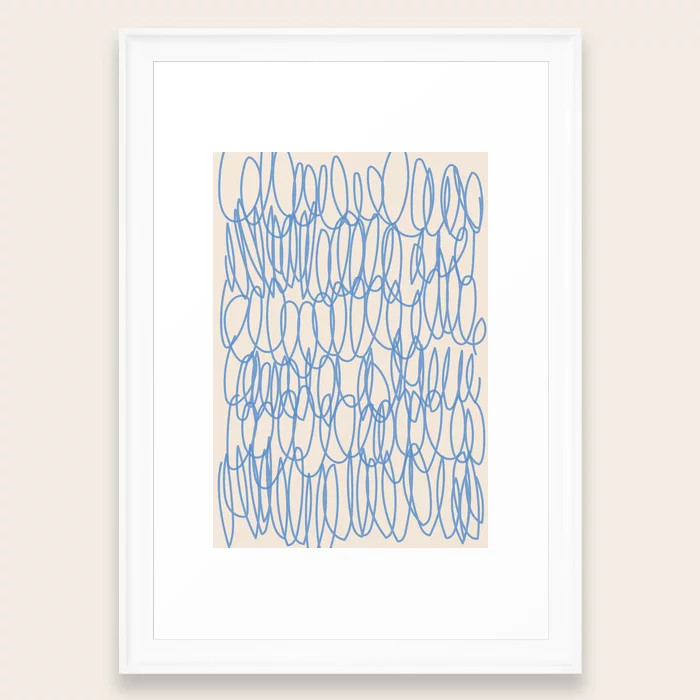 Simple Minimal Modern Scribble Line Abstract Blue and Cream Framed Art Print | Society6